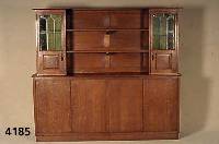 BÜcherschrank, deutsch, um 1910, Korpus Weichholz, Eichefurnier, im Oberteil mit Blei- verglasung, ca. 180x200x42 cm