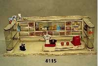 Kinderkaufladen, deutsch, um 1950/55, Weich- holz, lackiert, dies beschÄdigt, teilweise mit original Inhalt, Waage und Registrierkasse, mit vielem ...