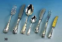 Besteck fÜr 12 Personen, deutsch um 1900, 800er Silber, reiner Jugendstil, Bremer Silberwarenfabrik, best. aus: 11 Messer (Griffe gefÜllt, ...
