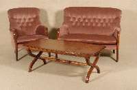 Salongruppe, Italien, bestehend aus 2-sitzer Sofa, 2 Sessel und Tisch, Zierbelkiefer und Buche, Zierbelwurzel, Tisch reich geschwungen, ...