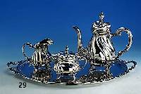 4-teiliges Kaffeeservice, deutsch, 925er Silber, Barockstil, best. aus: Tablett (ca. 34 x 35 cm), Kaffeekanne (Deckel mit Scharnier, Griff mit ...