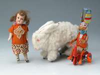 Porzellankopfpuppe, Herm. Steiner, um 1920, fÜr den frz. Markt gemacht, Kopf Bikuitporzellan, braunes Echthaar aufgeklebt, Beine und Arm e ...