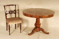 Runder Tisch, deutsch, um 1830/35, SpÄtbiedermeier, Korpus Weichholz, Pyramidenmahagonifurnier gespiegelt verlegt, Fuß balusterfÖrmig, Schaft ...