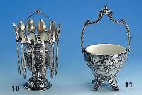 Kaviarschale mit 12 LÖffel, um 1900, 800er Silber, Fuß gefÜllt, total ca. 600 g, reicher floraler Dekor, ohne Glaseinsatz, H ca. 22 cm, ...