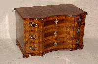 Doppelt geschweifte Kommode, Barockstil, Front horizontal aufgebaut dickes Nußbaum- bzw Pflaumenfurnier, Bandintarsien, z.T. rhomboid eingelegt, ...
