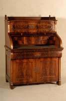 RollsekretÄr, deutsch, um 1870, Korpus Weichholz, Mahagonifurnier gespiegelt, Oberteil mit Schublade, abklappbar, als Stehpult nutzbar, mit ...