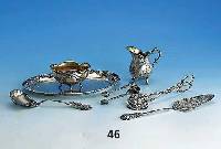 Teeservice und Petit Four Besteck, 1910/15, deutsch, 835er Silber, Meistermarke CW legiert, Gew. total ca. 510 g, bestehend aus: Tablett, ...