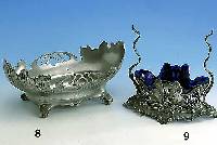 Anbietschale, WMF um 1900, Metall versilbert, blauer Orig.-Glaseinsatz besch., floraler Dekor, ca. 26 x 12 x 24 cm