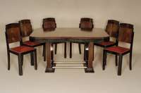 ArtDeco-Eßtisch mit 6 StÜhlen, Paris, um 1920 , Riopalisander, vornehmlich Wurzelholz, in geometrischem Bild furniert, zum Teil dunkel ...