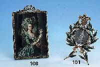 Miniaturmalerei, Darst. der Marie Antoinette, in stiltyp. Pose des spÄten Rokkoko, in Rahmen aus Bronze verg., sogn. HÖfische Darstellung, ...