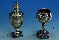Kleiner Pokal, wohl Hanau um 1890, 800er Silber, mit MÜnzeinlage und Gravur von 1896, reich und floral verziert, H ca. 15 cm, ca. 200 g