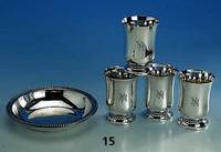 Konvolut Anbietschale und 4 Becher, Meistermarke Grimminger/SchwÄbisch GmÜnd, Schale 835er Silber, D. ca. 18.5 cm, um 1920/30, Becher 925er ...