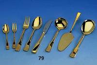 Besteck fÜr 12 Personen, 24 kt hartvergoldet, bestehend aus: 12 MenÜmesser, 12 -gabeln und 12 -lÖffel, 12 KaffeelÖffel und 12 Kuchen- gabeln, ...