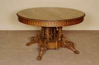Kulissenausziehtisch, deutsch, um 1870, Eiche massiv, Eichefurnier, gedrechselter SÄulenfuß mit LÖwenkÖpfen aus dem Vollholz geschnitzt, Zarge ...
