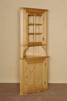 Eckschrank, deutsch, um 1960, Weichholz, Kiefer, auf Rahmen gearbeitet, Vitrinenteile versprosst, Inlets getreppt bzw. doppelt getreppt, schÖnes ...