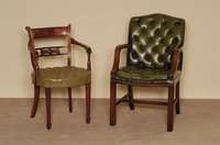Armlehnstuhl, England, um 1960, Sheratonstil , Mahagoni massiv, Mahagonifurnier, SitzflÄche mit grÜnem Leder, genoppt und geheftet, ca. 84x52x59 ...