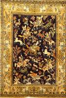 Ghom, Persien, ca. 50 Jahre, Flor Wolle mit Seide, ca. 195 x 142 cm, Schätzwert: 2500.- EURO, EHZ: 2. Jagdszenerie auf Dunkelblauen Fo nd. Sehr gut ...