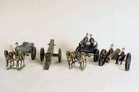 Konvolut Zinnsoldaten, um 1920, Firma Heyde, SchleudergeschÜtz aus dem 1. Weltkrieg, 2 Pferde, 1 Soldat, altersbed. bespielt, selten, sammelwÜrdig