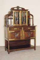 Anrichte mit Aufsatz, Holland, um 1900, Jugendstil, Korpus Weichholz, Mahagoni massiv, Mahagonifurnier, Unterteil FÜllungen mit ...