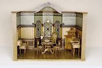 Puppenstube, deutsch, um 1890, aus PfÄlzer Familienbesitz, Nachbau des ehemaligen Wohnzimmers der Familie, schÖnes GehÄuse mit Bleiverglasung, ...