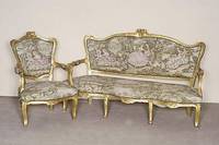 Sitzensemble, Italien, 60er/70er Jahre, Barockstil, bestehend aus 2 Stuhlsesseln und 3-sitzer Sofa, Rahmengestell Buche massiv, goldfarben ...