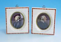 Konvolut 2 Miniaturen nach 1950, Elfenbeinrah- men mit Rosenholz, Darstellung: Liszt und Wagner, Maße ca. 13.5 x 11.5 cm
