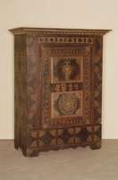 Bauernschrank, sÜddeutsch, datiert 1837, Weichholz, bemalt, 1-tÜrig, unten eine Schublade, original Schloß und SchlÜssel, innen mit 2 ...