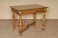 Tisch, wohl deutsch, um 1880/90, GrÜnderzeit, Korpus Weichholz, Beine Buche gedrechselt, Schublade und Oberteil Nußbaumfurnier, Ecken Kirschbaum ...