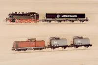 Mannesmann-RÖhren-Zug, MÄrklin, 1981-86, Spur HO, Tenderlok, BR 86 der DB, Betr.-Nr. 86578 , 6 Drehschemelwagen, je 2 mit Mannesmann-Rohr bel., ...