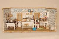 PuppenkÜche, deutsch, um 1910/20, HolzgehÄuse, mit vielen TÖpfen und GefÄßen, z .T Steingut und Email, HÄngeregal, KÜchenschrank, 2 Tische, ...
