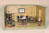Puppenstube, deutsch, um 1910/12, Salongruppe um 1860/70, best. aus: Sofa, Tisch und 3 StÜhlen, Armlehnsessel mit Hocker, mit dunkelblauem ...