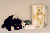 Konvolut Steiff-Tiere, 60er/70er Jahre, ein schwarzer Panther, ohne Knopf u. Fahne, L. ca. 88 cm, Nashorn Nosy und Elefant, mit Knopf und Resten der ...