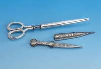 Damendolch, Orient um 1900, Silber, Scheide, Klinge und Griff graviert und tauschiert, L ca. 21 cm