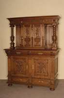 Aufsatzbuffet, Flandern, um 1870, Korpus Eiche massiv, im Unterteil geschnitzte FÜllungen aus dem Vollholz, 2 Schubladen, Gebrauchsspuren, ca. ...