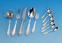 Besteck fÜr 6 Personen, WMF, FÄchermuster, 90er Silberauflage, bez. Patent, best. aus: 6 Messer, 6 Gabeln, 6 LÖffel, 6 Kuchengabeln, 2 ...