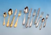 Besteck fÜr 12 Personen, 23/24 kt hartver- goldet, Barockstil, best. aus: 12 Messer, 12 Gabeln, 12 LÖffel, 12 KaffeelÖffel, 12 Kuchengabeln, ...
