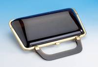 Damenhandtasche, USA 50/60er Jahre, Korpus aus dunkelbraunem transparentem Kunststoff, Monuteren vergoldet, Maße ca. 41 x 24 x 8 cm