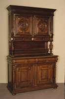 Buffetschrank, Belgien, um 1880, Eiche massiv, Henry II, Unterteil mit zwei TÜren, aufgesetzte geometrische Muster, TÜrinlets mit ...