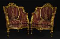 Sessel, deutsch, um 1910, Louis XVI, gedrechselte Beine kanneliert, gebogene RÜckenlehne mit BekrÖnung, goldfarben gefaßt, Polsterung und Bezug ...