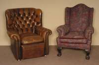 Ohrenbackensessel, wohl England, 60er/70er Jahre, Chesterfield, braunes Rindsleder von guter QualitÄt, lose Kissen, RÜcken und Seiten geheftet ...