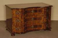 Doppelt geschweifte Kommode, Barockstil, Front horizontal aufgebaut, dickes Nußbaum- bzw. Pflaumenfurnier, Bandintarsien, z.T. rhomboid ...