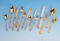 Besteck fÜr 12 Personen, Metall verg., Bambusdekor, best. aus: 12 Menuegabeln, 12 Menuemesser, 12 MenuelÖffel, 12 Fischgabeln, 12 Fischmesser, ...