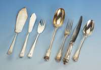 Fischbesteck fÜr 6 Personen, deutsch Grimminger SchwÄbisch GmÜnd um 1920/30, 800er Silber, Bes.-Monogr., strenge, lineare Form, best. aus: 6 ...