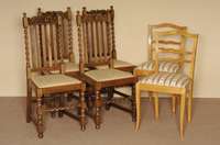 4 StÜhle, deutsch, um 1880, Eiche massiv, reichlich gedrechselte Beine und RÜckenlehne, Polsterung wohl um 1980 erneuert, leicht verschmutzt, ...