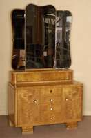 Friseurspiegel, deutsch, um 1920/30, ArtDeco , Korpus Weichholz, Birkefurnier, Front leicht geschwungen, in der Mitte 2 Schubladen, original ...