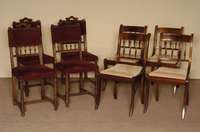 4 StÜhle, England, um 1960, Mahagoni massiv, z.T. furniert, Edwardien, SÄbelbeine, lose Kissen mit original Bezug, RÜckenlehne mit ...