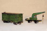 Kranwagen, MÄrklin, 1919-1924, Spur 0, Nr. 1851, Blech, grÜn, Aufschrift 10000 K, in sich verzogen, l. Altersspuren, sammelw. (Pos. rechts)