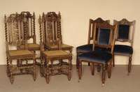 4 StÜhle, Frankreich, um 1880, Eiche massiv, stark gedrechselte Beine und RÜckenlehne, Kopfteil und RÜckenlehne mit aus dem Vollholz ...