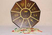 Pock-Spiel, deutsch, um 1890, 8-eckiges Spielbrett Holz lackiert, zahlreiche runde und eckige Spiel- plÄttchen aus Bein, teils mit resten alter ...