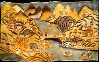 Pow Tow Antik (Landschaftszene), China, 19. Jahrhundert (um 1890), gute alte Wolle geknüpf t auf Baumwolle, ca. 217 x 130 cm (seltenes Qu ...
